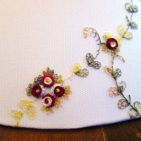 Vtg Off White Large Hurricane lampshade pair of delicate red flowers & green vin - Picture 2 of 16